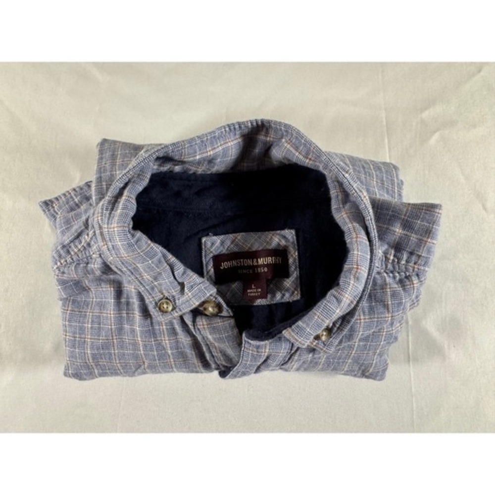 Johnston & Murphy Mens Plaid Button Down Shirt Blue Orange Lined Large